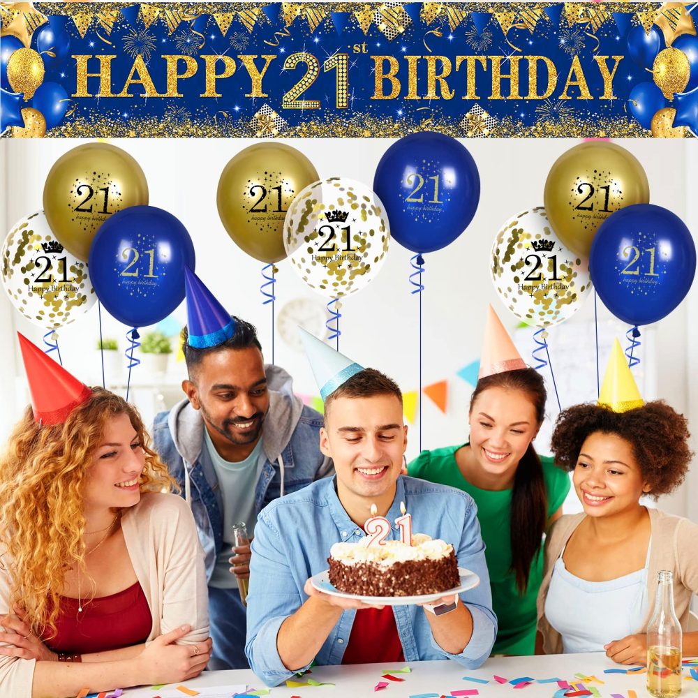 Blue Gold 21st Birthday Decorations for Boys Girls, Navy Blue Gold Happy 21st Birthday Yard Banner and 18pcs Birthday Balloons for 21st Anniversary Birthday Party Supplies Indoor Outdoor Yard Decor - Image 2