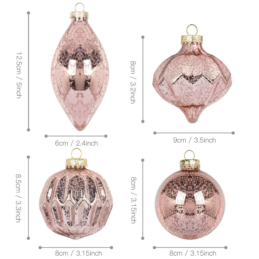KI Store Mercury Glass Christmas Tree Ornaments Rose Gold Set of 8 80mm 120mm Hanging Christmas Baubles Finials for Christmas Tree Decoration Holiday Décor - Image 2
