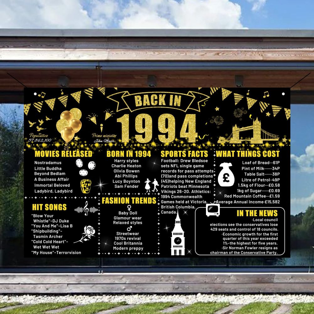 30th Birthday Black Gold Party Decoration, Back in 1994 Happy Birthday Banner Background Party Poster Supplies, Large 1994 Backdrop for 30th Class Reunion Decor (1994) - Image 3