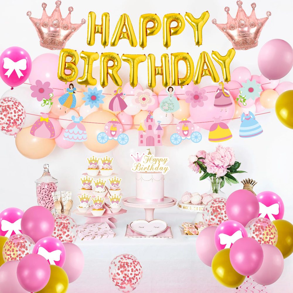 Princess Party Decorations - Princess Party Supplies Set Includes Banners Crown Balloons Latex Balloons Sash Crown Cake Topper Cupcake Toppers Suitable for Girls Birthday Decorations - Image 4