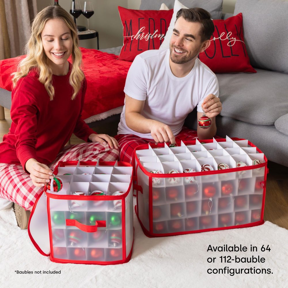 Christmas Village Bauble and Decoration Storage Cube with Padded Dividers for 64 Xmas Ornaments – Heavy Duty Folding 4 Layer Holder with Separators, Zipped Lid and Handles (Red) - Image 5