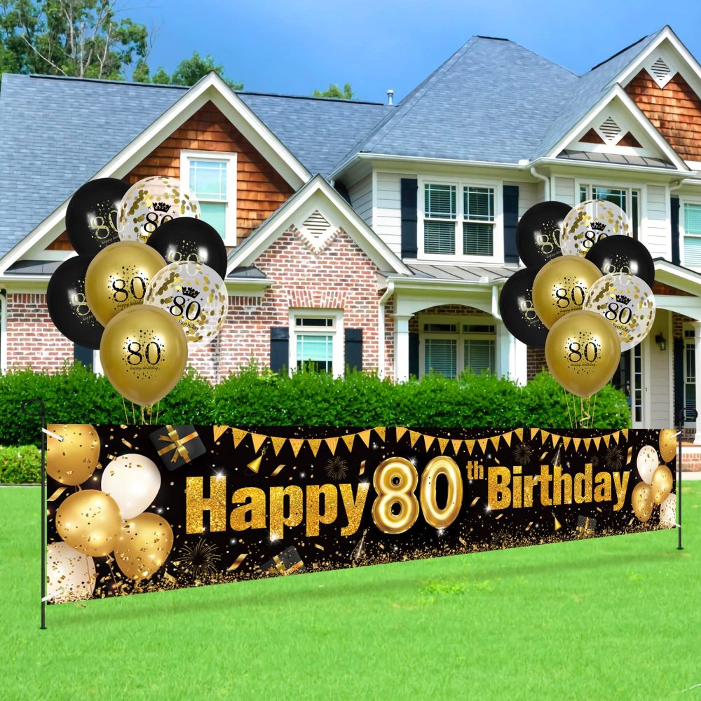 RUMIA 80th Birthday decor for Men Women Black Gold, Black & Gold Birthday Yard Banner & 18 PCS 80th Happy Birthday Balloons Anniversary Birthday Party Supplies Indoor Outdoor Yard Decor (8E-HCX) - Image 7