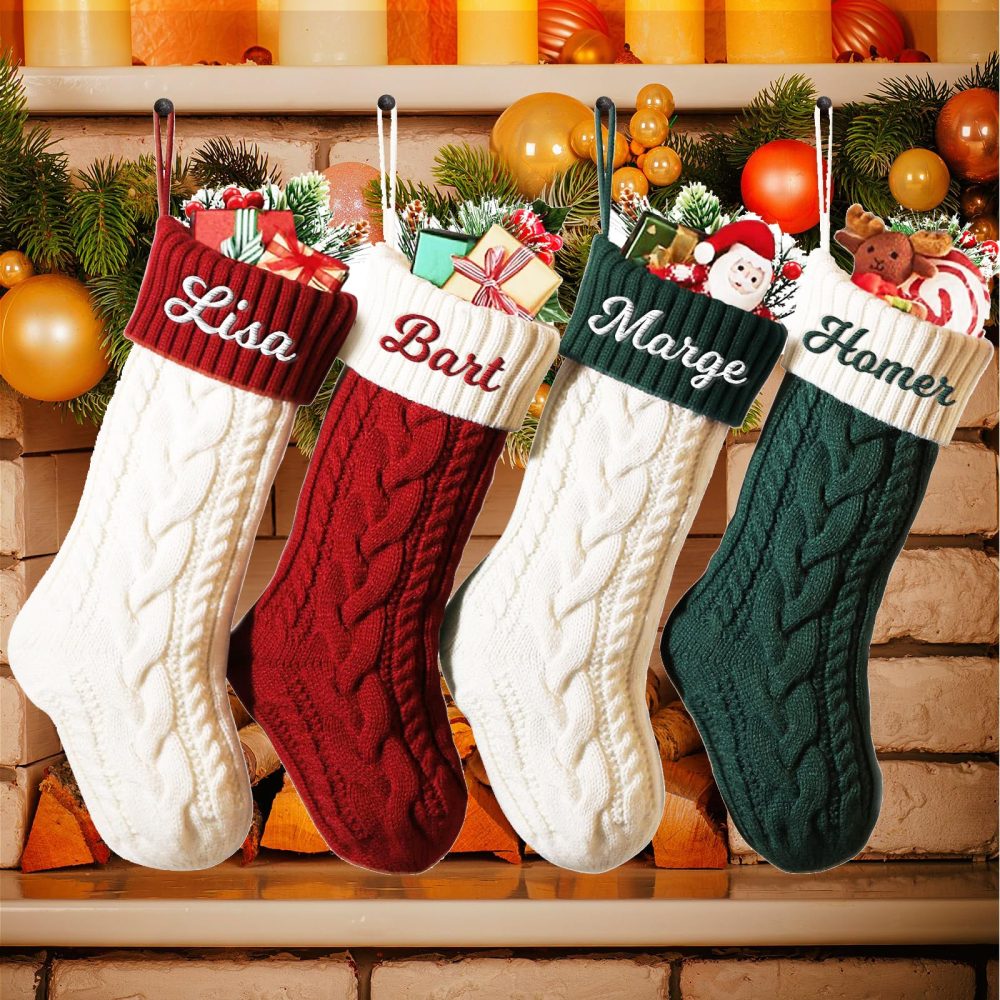 Personalized Christmas Stockings Custom Name Family Christmas Stockings 18" Large Knitted Xmas Fireplace Hanging Stocking, Stocking for Holiday Family Party Decoration, Red/Ivory White - Image 2