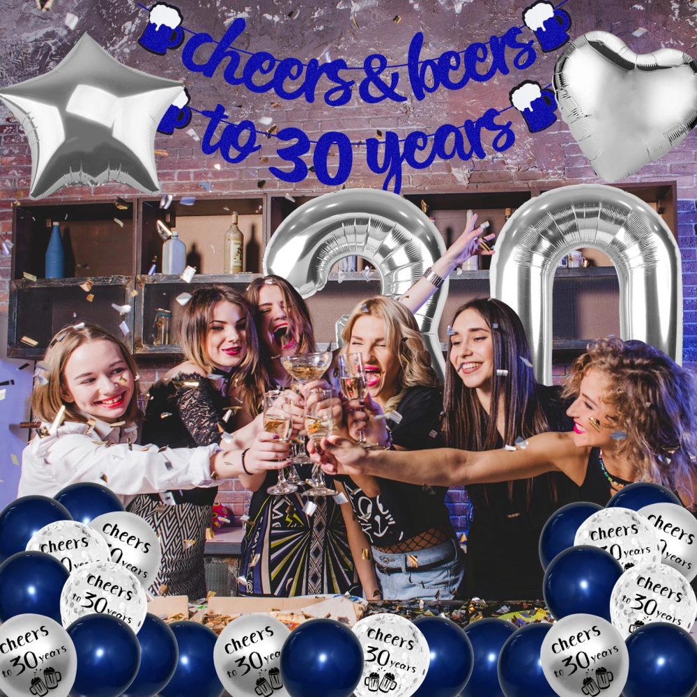 30th Birthday Decorations, 30th Birthday Decorations for Men, Happy 30th Birthday balloons with Navy Blue Cheer to 30 Years Banner, Silver Confetti Latex Balloons for Party Supplies Him Women Her - Image 2