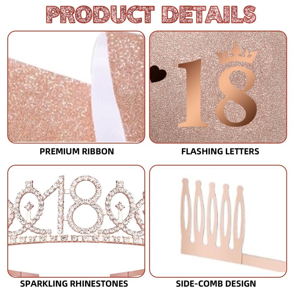 18th Birthday Decorations for Her Sweet Birthday Gifts for Girls Rose Gold 18th Birthday Sash, Tiara, Cake Topper, Number 18 Candles, Happy 18th Birthday Banner, 3D Butterfly 12pcs, Birthday Supplies - Image 5
