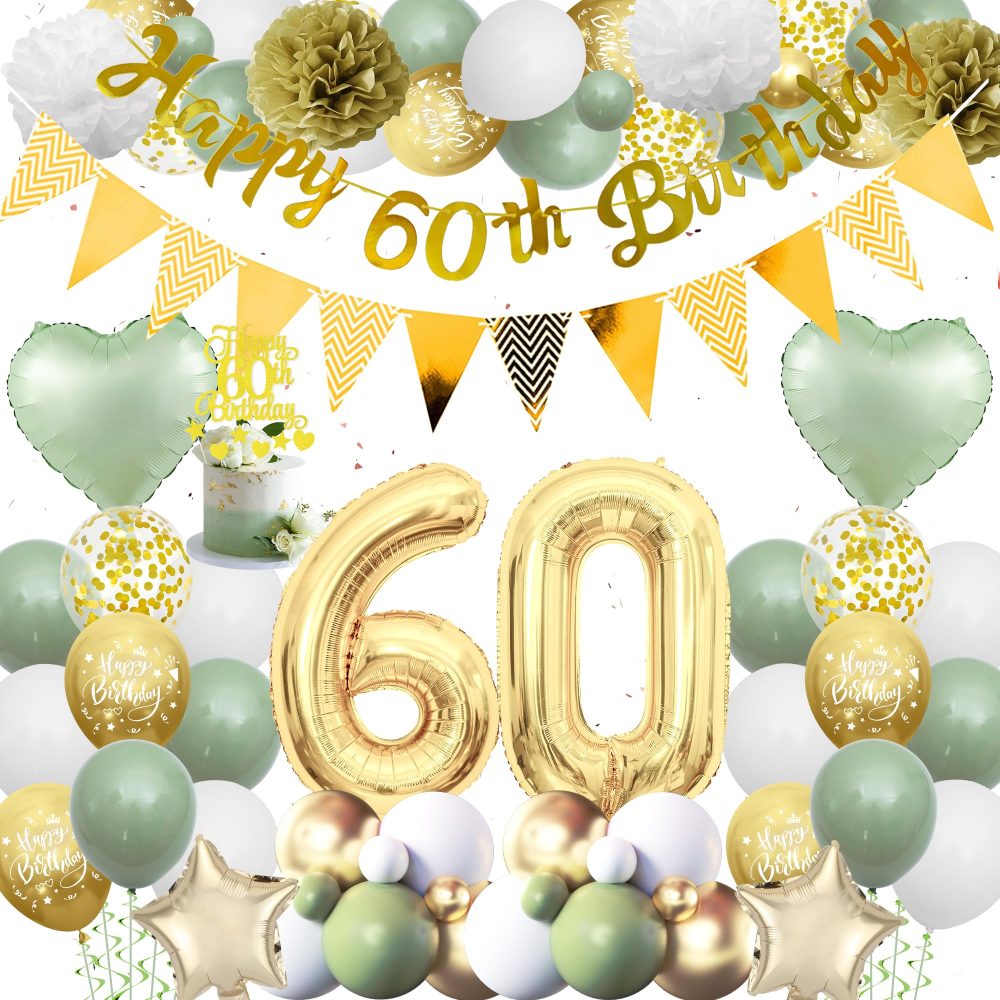 60th Birthday Decorations Women Men - Green Gold Birthday Party Decoration Balloons Set With Banners Paper Pom Confetti Latex Balloon Happy 60th Birthday Cake Toppers for 60 Years Birthday Supplies