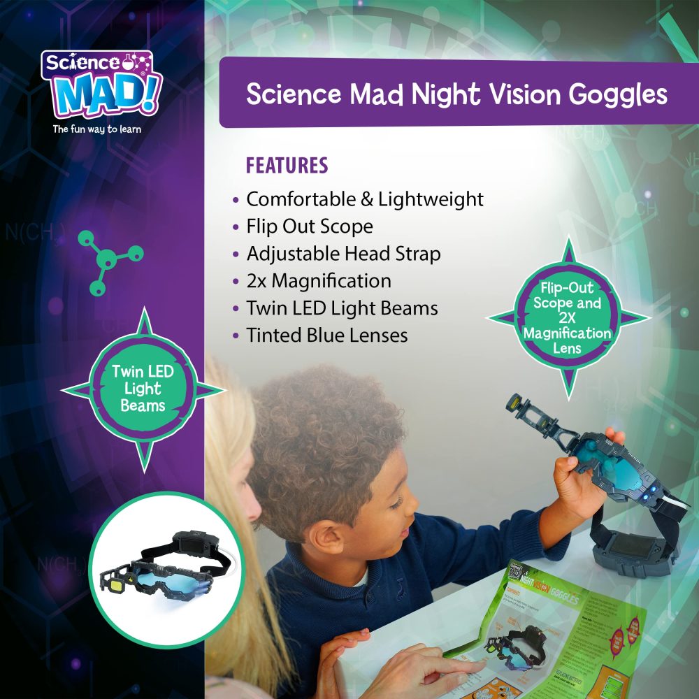 Science MAD! Night Vision Goggles For Kids - For Fun Night Missions - Lightweight, Flip Out Scope, 2x Magnification, Twin LED Beams, Blue Lenses, 6+ Years, ‎20 x 10 x 5.5 cm (SM55) , Black - Image 7