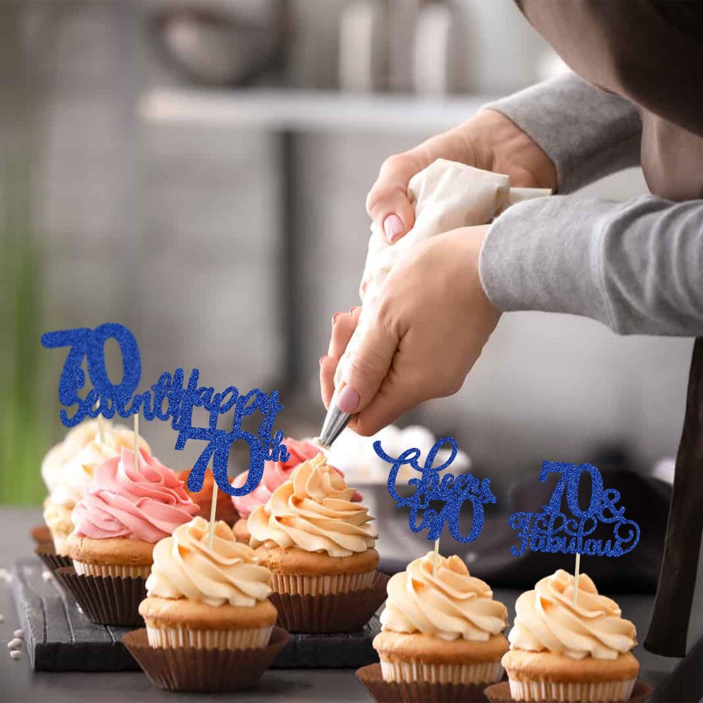 30 Pack Happy 70th Birthday Cupcake Toppers Dark Blue Glitter Seventy Cheers to 70 Years Old Birthday Cupcake Picks for 70th Birthday Anniversary Party Cake Decorations Supplies - Image 3