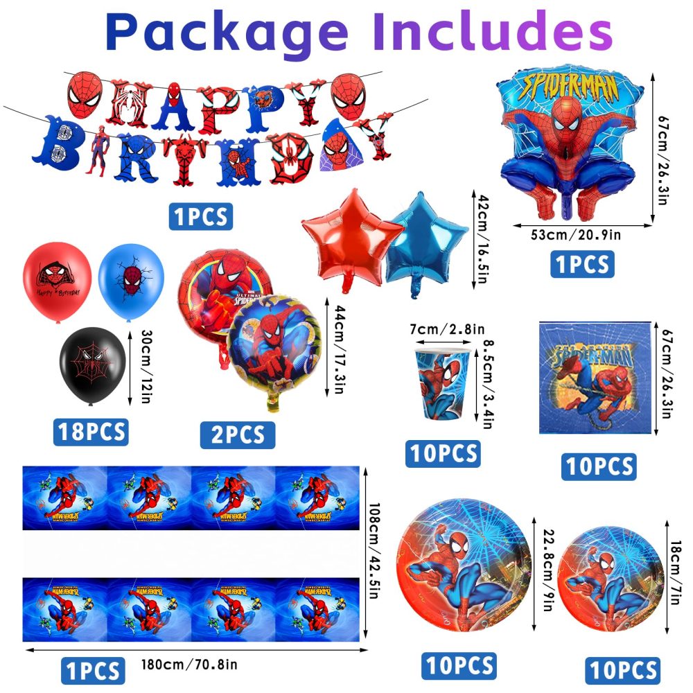 Spi-der Birthday Decoration, 75PCS Spidey Party Decorations Tableware Set, Superhero Birthday Decorations Including Plates Tablecloth Happy Birthday Banner Balloons for Boys Kids Theme Party Supplies - Image 7