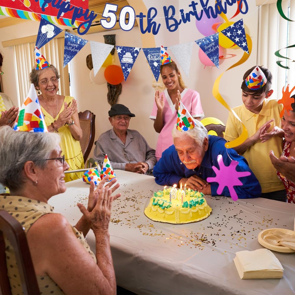 Happy 50th Birthday Banner Blue Happy Birthday Triangle Flag Banner Party Decorations Bunting Flags Party Supplies Decoration 50th Birthday Banners for Men Women A8LSLQZH (50) - Image 3