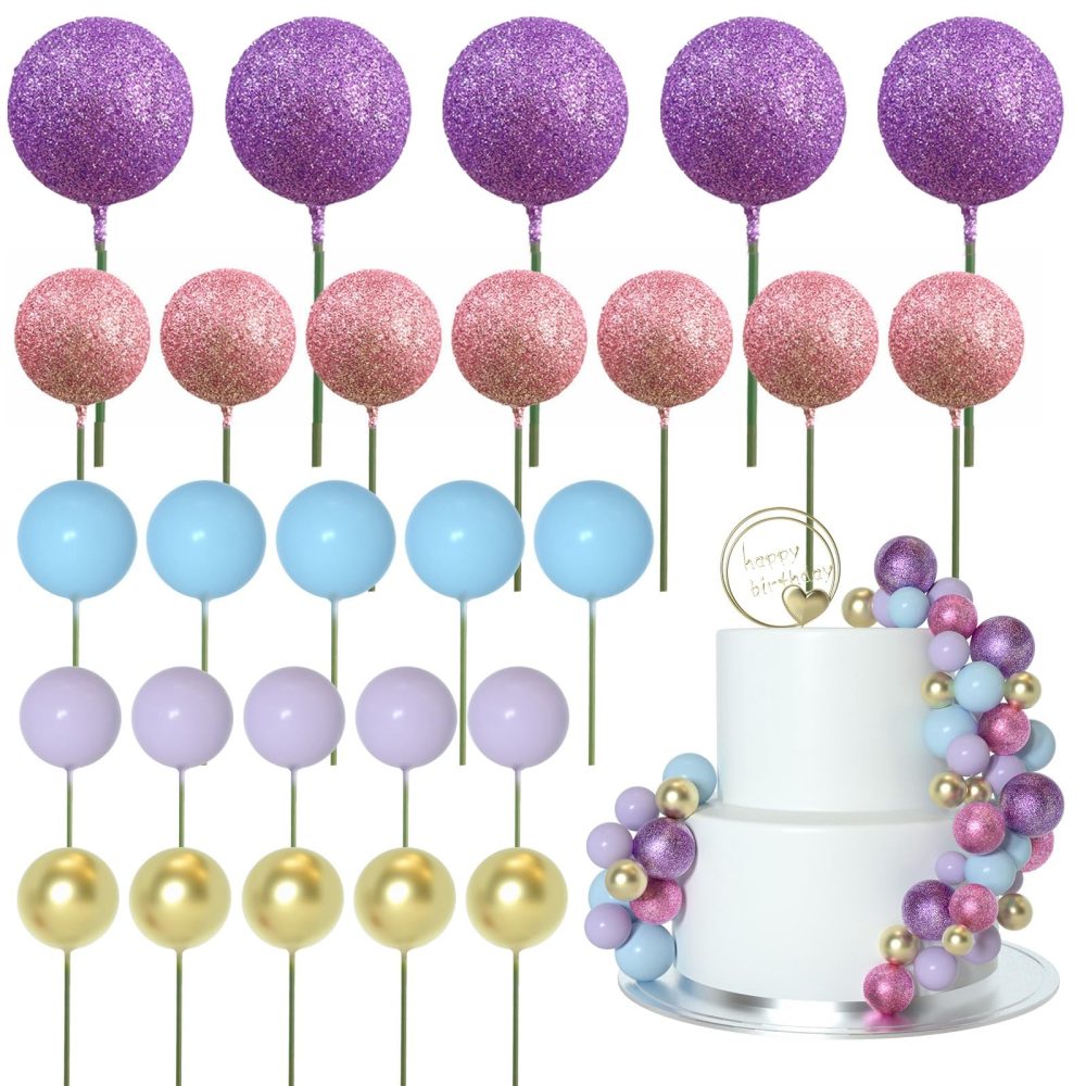 ASTARON 50 Pcs Ball Cake Topper Sticks Mini Balloons for Cake Decorating Supplies Foam Balls Cake decorations for Party Cake Birthday Cake Toppers Decorations (Pink，Purple，Blue)