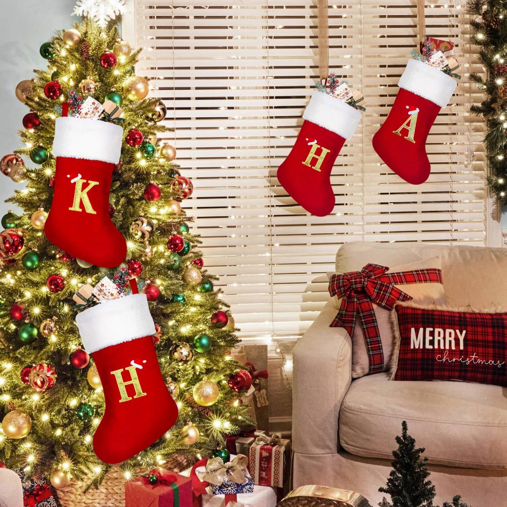Christmas Stockings Personalised 20 Inch Large Xmas Stockings Monogram Christmas Stockings With Letters Red Velvet Classic Christmas Stocking Fireplace Hanging Ornament Christmas Holiday Party Décor - Image 6