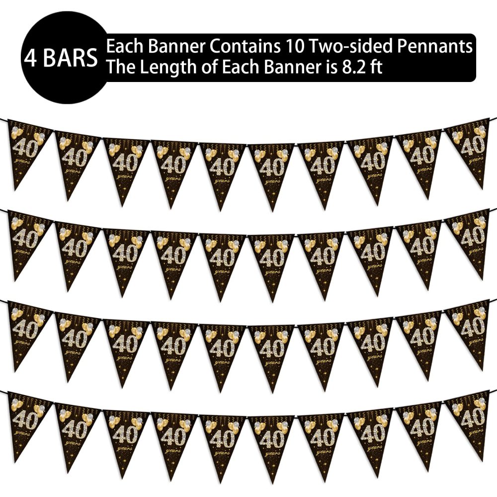40th birthday bunting, Happy Banner Bunting Flags, 40Pieces Triangle Gold Black Glitter Diamond by Numbers 40th Birthday Anniversary Theme Party Decoration Supplies - Image 3