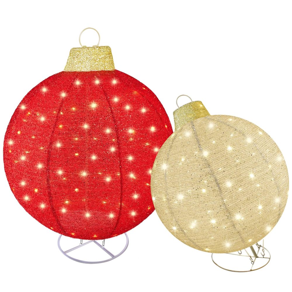 2pc Large Outdoor Christmas Ornament Set - HOYECHI Oversized Christmas Decorations Outside Pop-Up Balls, Light Up Large Balls Holiday Decor with 200 LED Lights,8 Light Functions - Red/Gold