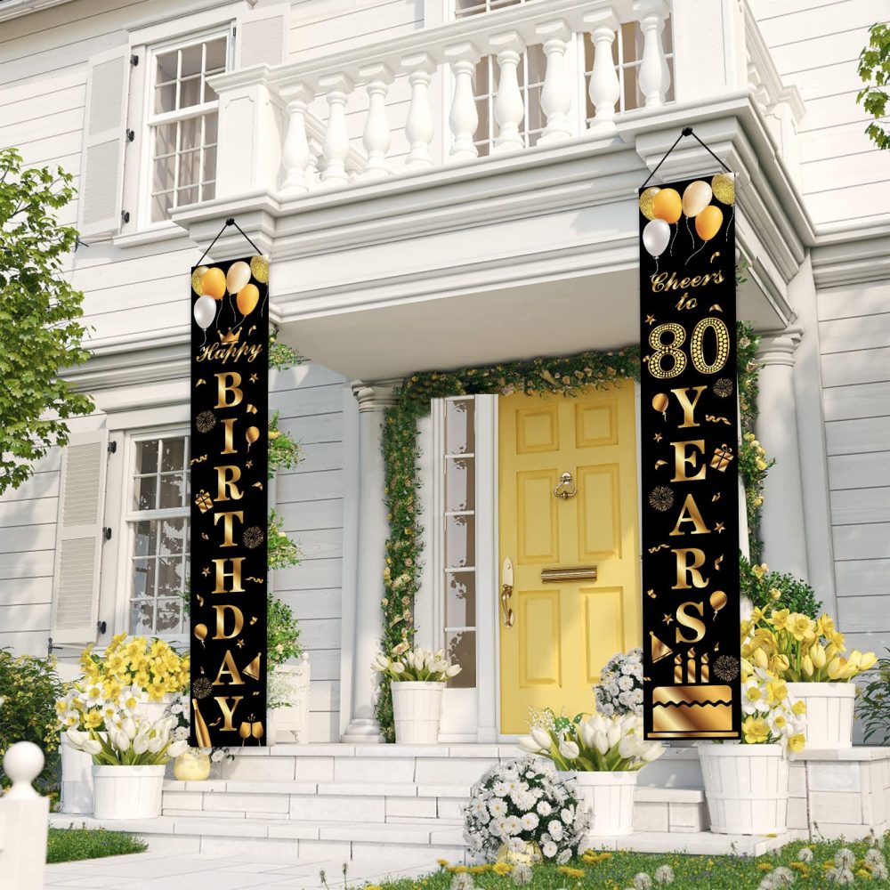 Happy 80th Birthday Door Banner Party Decorations,Black Gold Fabric 80th Birthday Door Porch Sign Banner for boys Girls Women Men 80 Years Old Birthday Party Indoor Outdoor Decor Supplies - Image 3