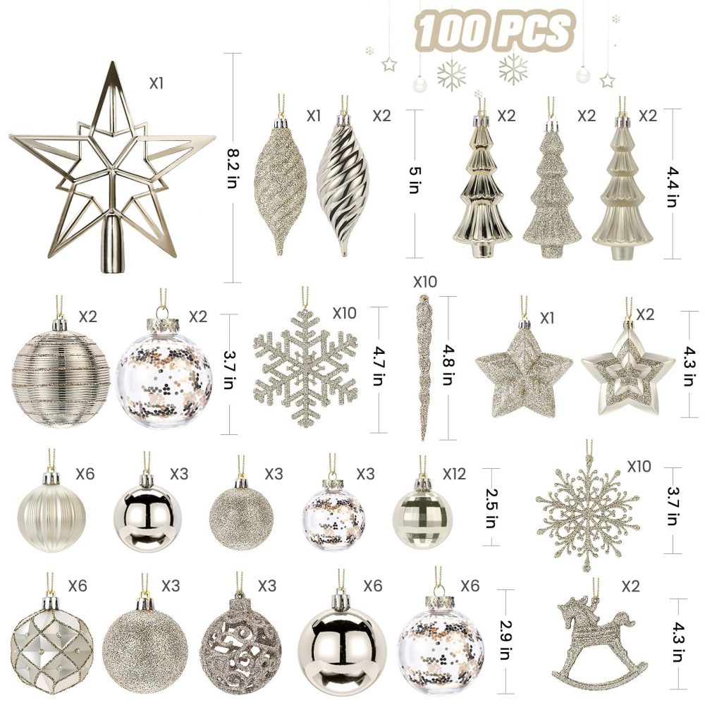 SHareconn 100pcs Christmas Tree Decorations Ornaments Set, Shatterproof Plastic Christmas Baubles Decorative Balls for Xmas Tree Decor Holiday Wedding Party, Champagne Gold - Image 5