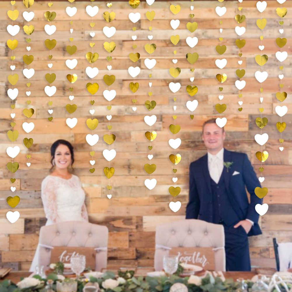 52Ft White and Gold Love Heart Garland Hanging Paper Streamer Banner for Anniversary Bachelorette Engagement Wedding Bridal Shower Birthday Father's Mother's Day Valentines Christmas Party Decorations - Image 2
