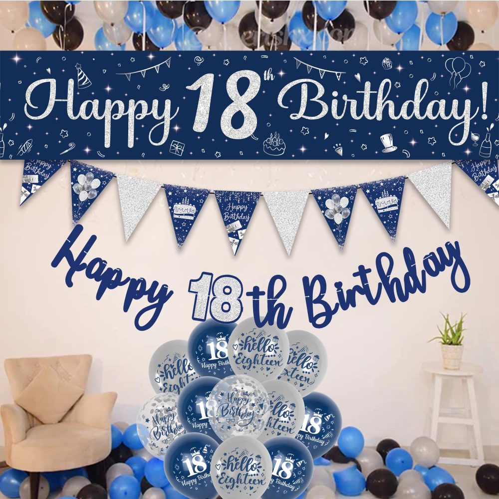 18th Birthday Decorations Boys Girls - 39Pcs Blue Silver Happy 18th Birthday Banner Set With Bunting Banners Sash 18th Latex Balloons Blue Cake Toppers for 18 Years Birthday Party Supplies - Image 2