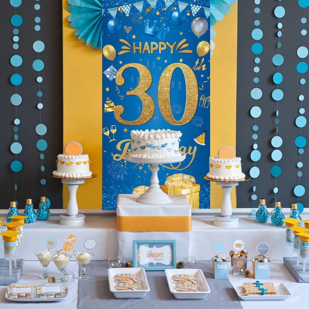 30th Happy Birthday Banner - 30th Birthday Decorations Party Birthday Banner Blue Gold Fabri Birthday Backdrop Door Wall Birthday Decorations for Men Women, 30th Anniversary Birthday Party Supplies - Image 7