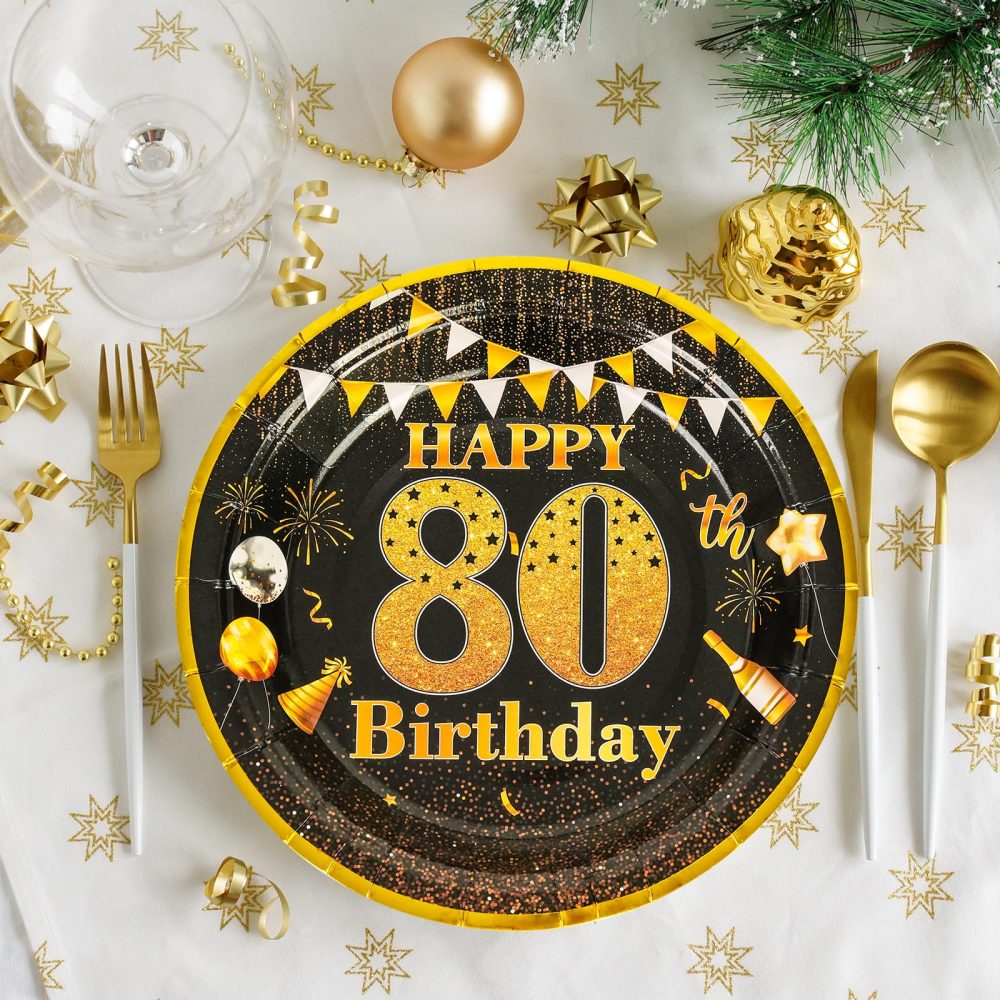 AHPYEUHK Birthday Paper Plates 7" Party Cake Dessert Plates Decorations Disposable Tableware Party Supplies (80th Black) - Image 7