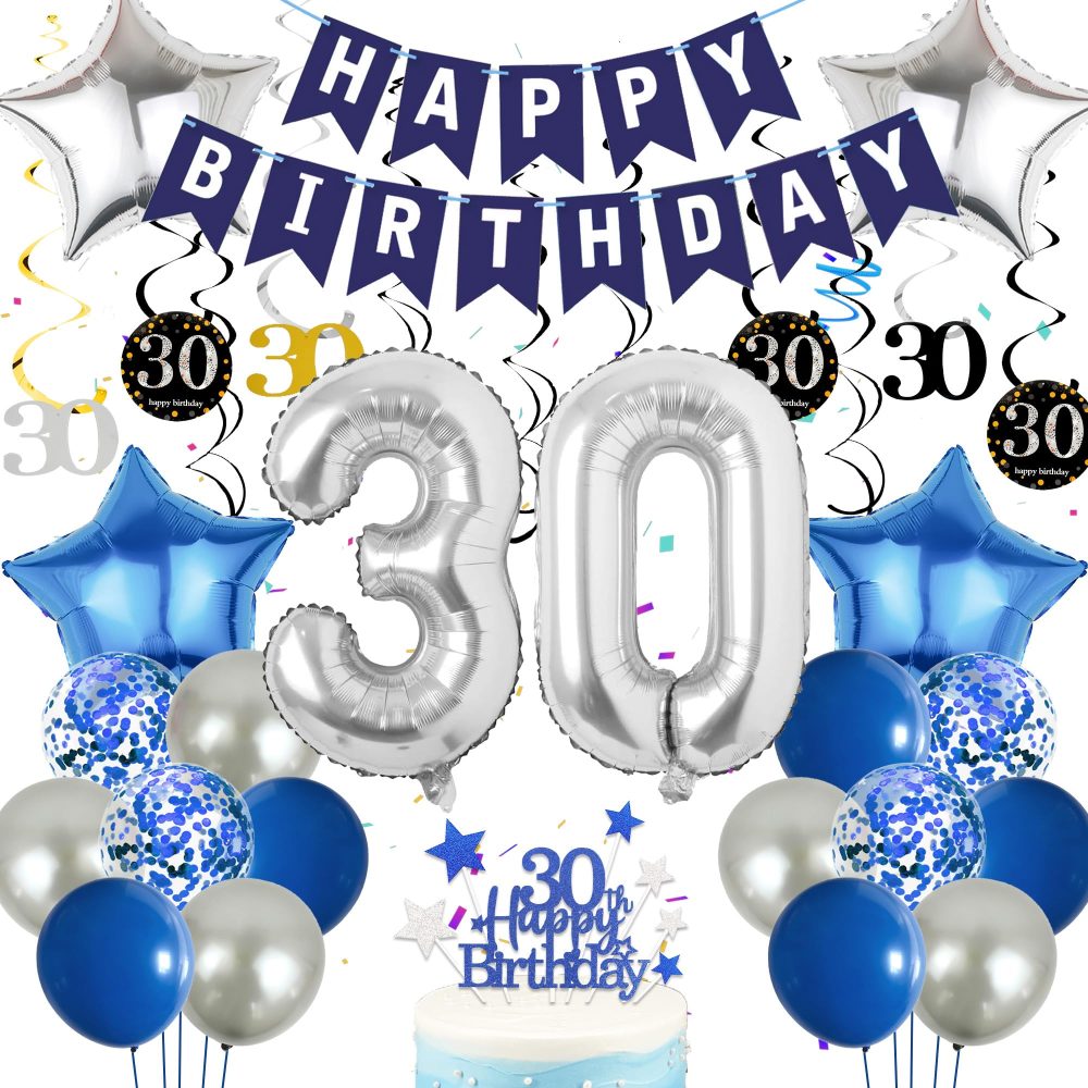 Blue Silver 30th Birthday Decorations - 53 Pieces 30th Birthday Party Decor Happy Birthday Banner Number 30 Foil Balloon Swirl Latex Balloons Cake Topper for Men Women 30th Birthday Party Supplies