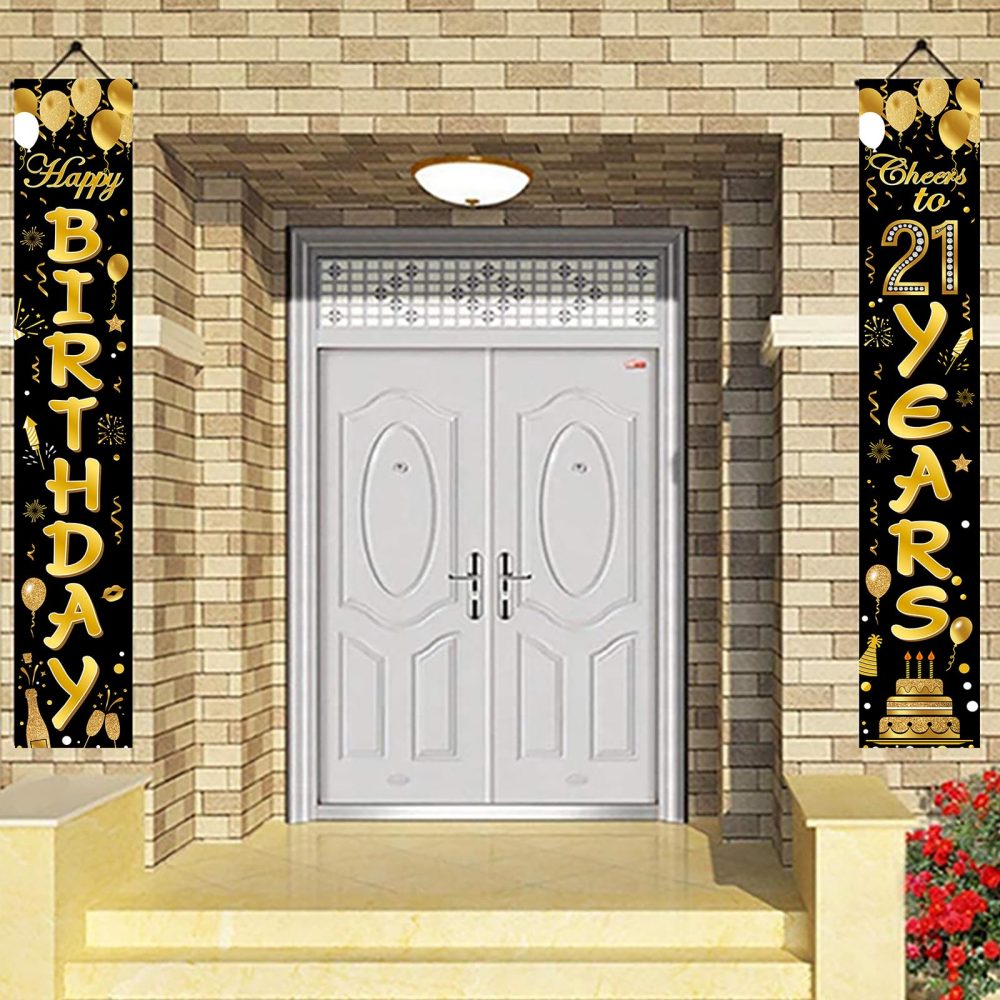 Topways Happy 21th Birthday Party Door Banner Decorations, Black Gold Decoration for Boys and Girls Women Men 21 Years Old Birthday Party, Indoor Outdoor Decor Supplies 70.8x11.8inch (Black Gold)