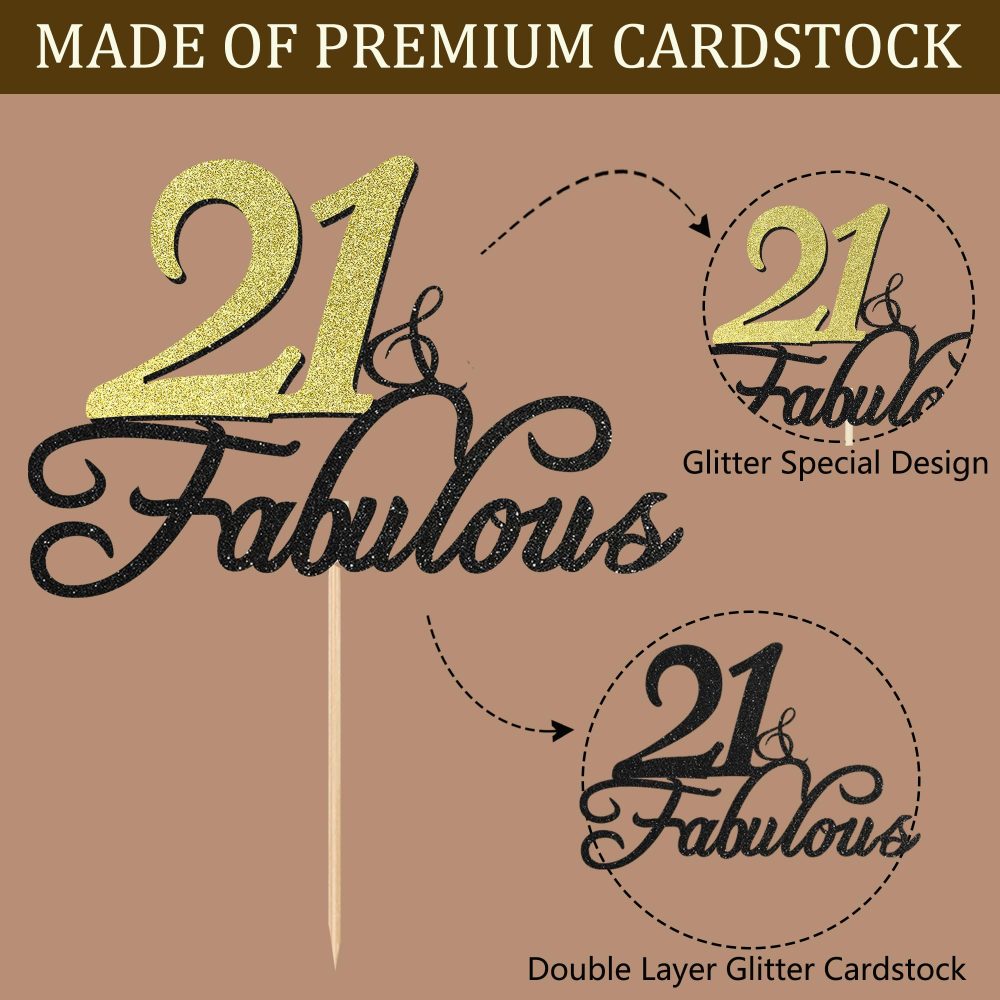 21 & Fabulous Birthday Cake Topper, Siipoo Black Gold Glitter Cake Topper for 21th Happy Birthday Anniversary Party Decoration Supplies - Image 6