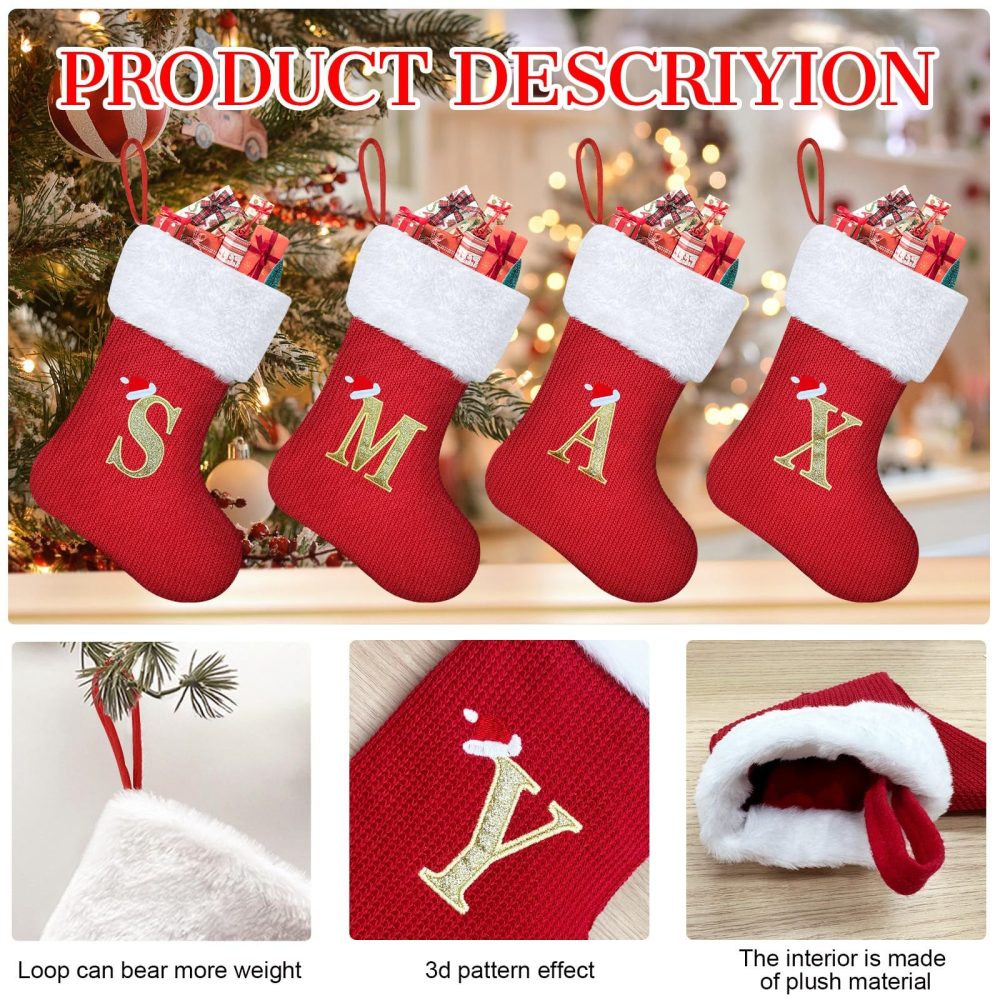 Sleeleece 30cm Personalized Christmas Letters Stockings Red Initial Monogram Embroidered Stocking with White Soft Plush Cuff Classic Stocking Tree Decorations Xmas Decor for Christmas, L - Image 4