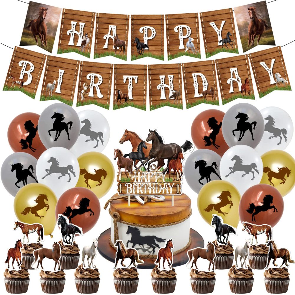 Gukasxi 44 Pieces Horse Birthday Party Decorations, Horse Theme Birthday Party Supplies with Happy Birthday Banner Set, Horse Cake Toppers and Horse Balloons, Western Cowboy Birthday Party decorations