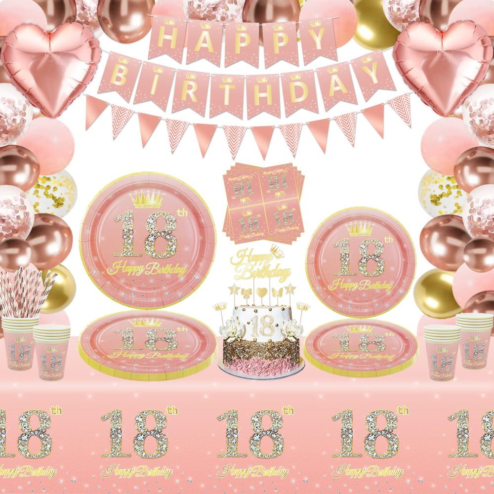 179 PCS 18th Birthday Decorations for Girls Rose Gold 18th Birthday Party Decoration Happy 18th Birthday Supplies Tableware Set-Plates, Napkins, Pink 18th Birthday Banner for 20 Guests