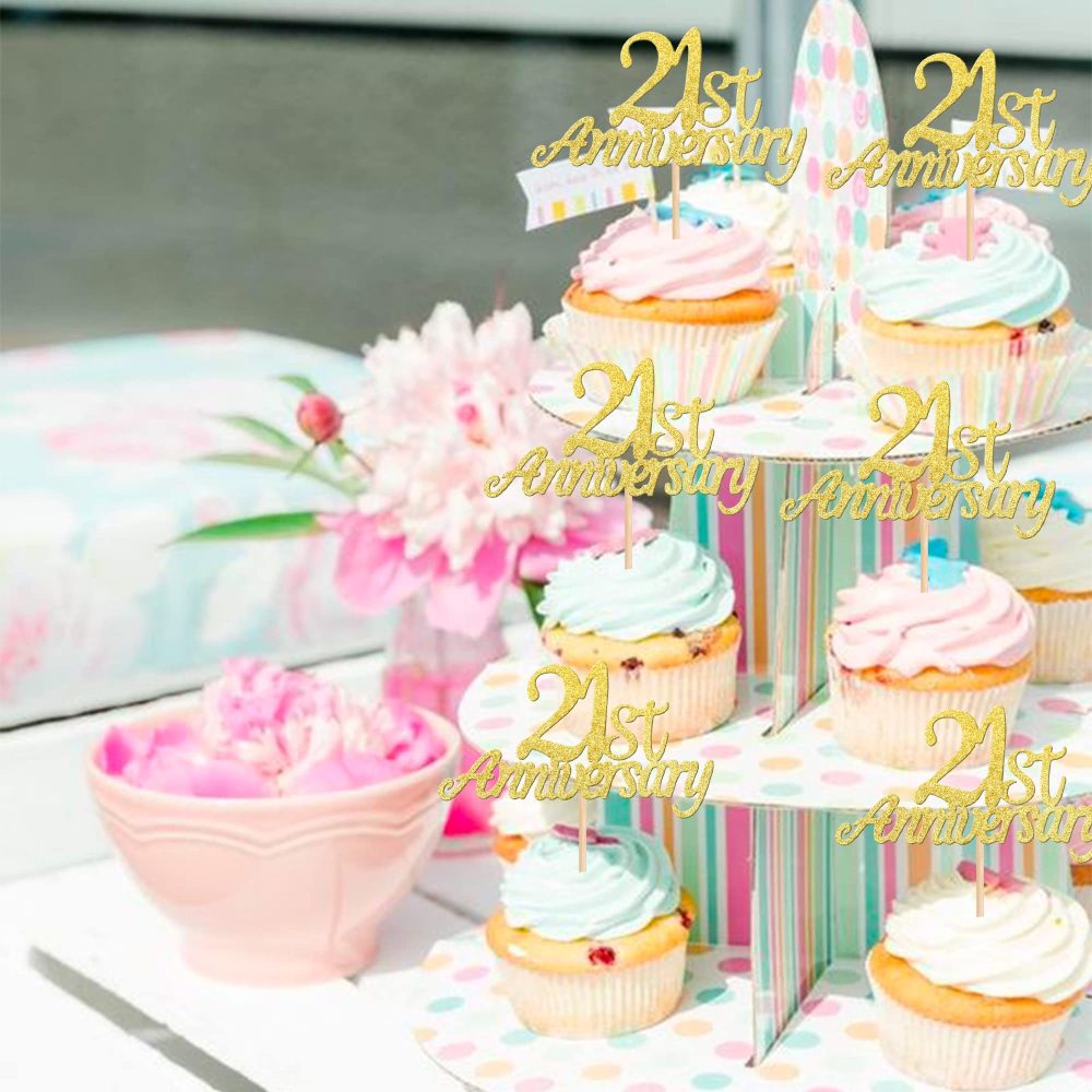 Pack of 24 21 Anniversary Cupcake Toppers Glitter "Happy 21th Anniversary" Cake Toppers Number 21 Eightteen Sweet 21 Birthday Wedding Anniversary Party Cake Decorations Accessories Gold - Image 6