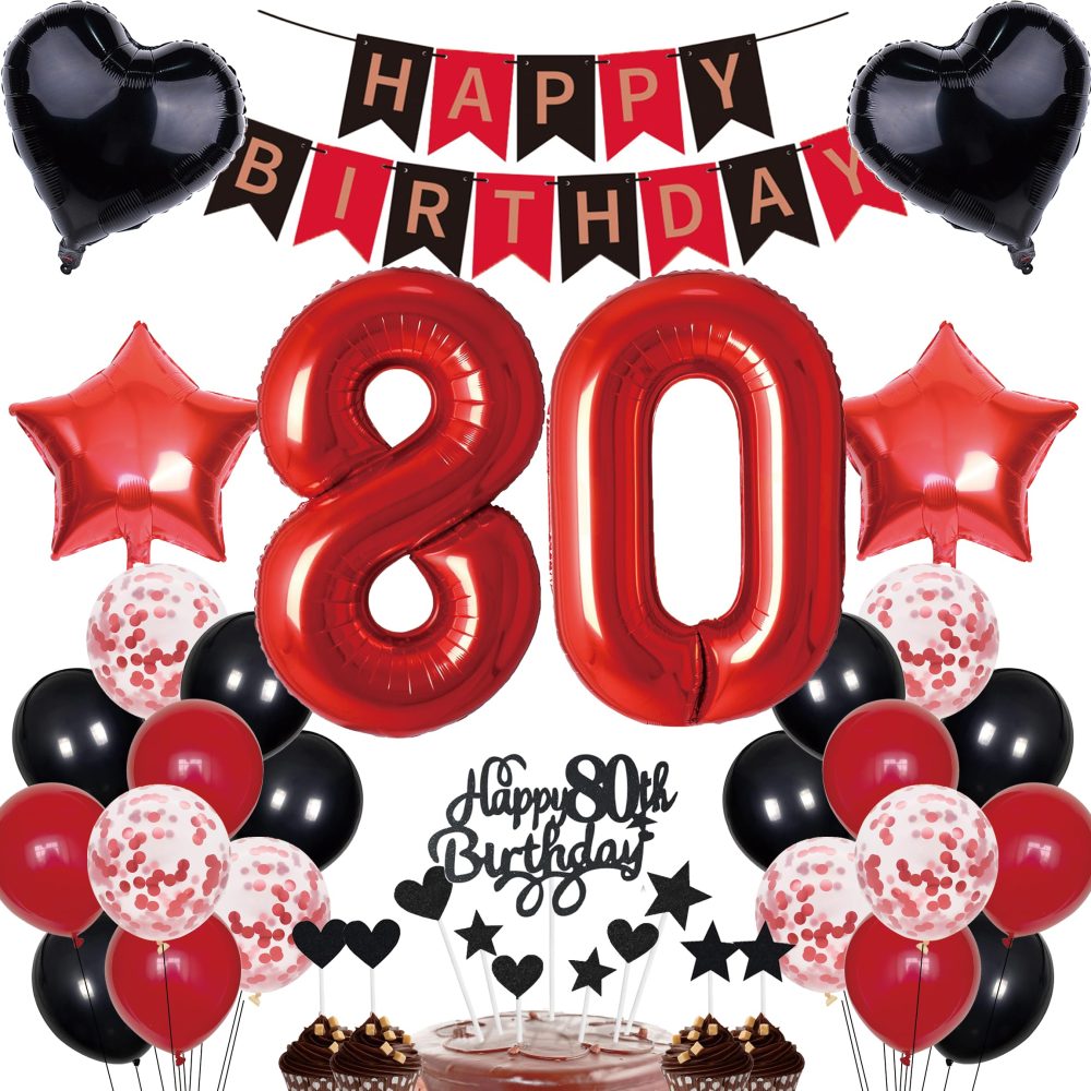 80th Birthday Decorations Man Women Decoration Gift for 80th Birthday Cake Decoration 80th Birthday Women Happy Birthday Banner Red Black Decoration Set 80 Years Birthday Decoration Number 80 Party