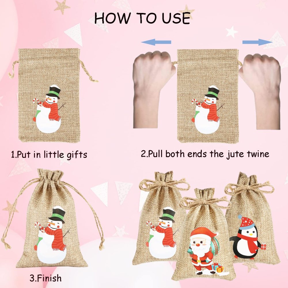 AUERVO 24pcs Christmas Jute Burlap Bags, Xmas Jute Linen Burlap Drawstring Gift Candy Pouch Snack Sack Craft Goodie Bags for kids Xmas Party Favors - Image 3