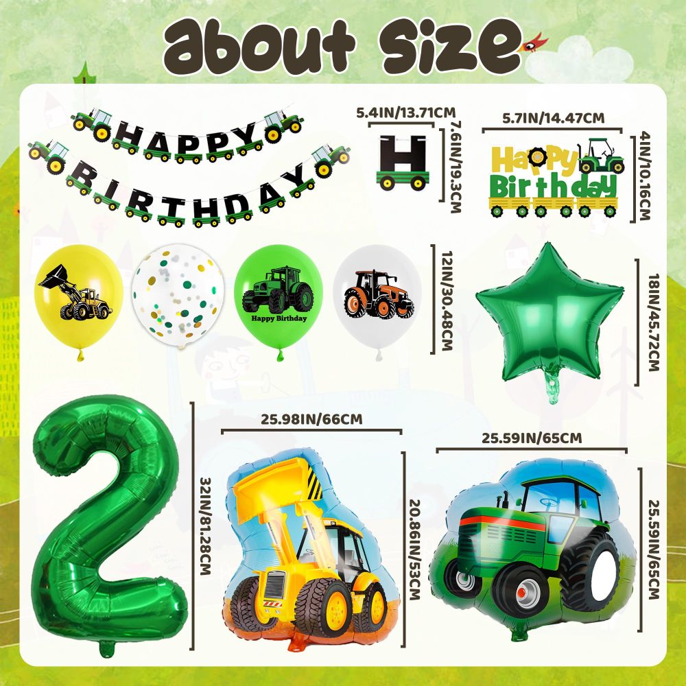 Tractor 2nd Birthday Decorations Boy - Construction Vehicle Themed Party Supplies Includes Happy Birthday Banner Cake Topper Latex Number 2 Stars Tractor Digger Balloons for 2 Year Old Boys Birthday - Image 6