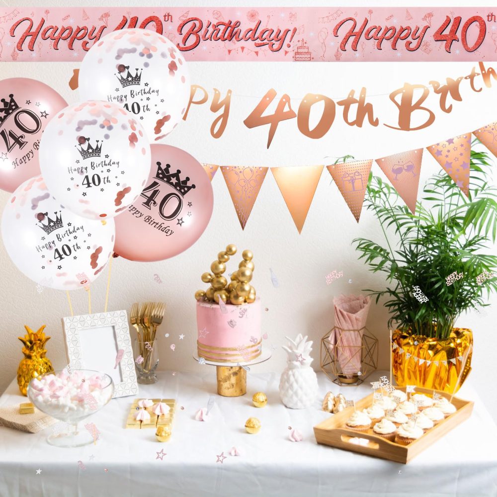 40th Birthday Decorations, Pink Gold 40th Birthday Set Include Happy 40th Birthday Banners Triangle Flag Banners Confetti Latex Balloons for Women and Men 40th Birthday Party Decoration Supplies - Image 2