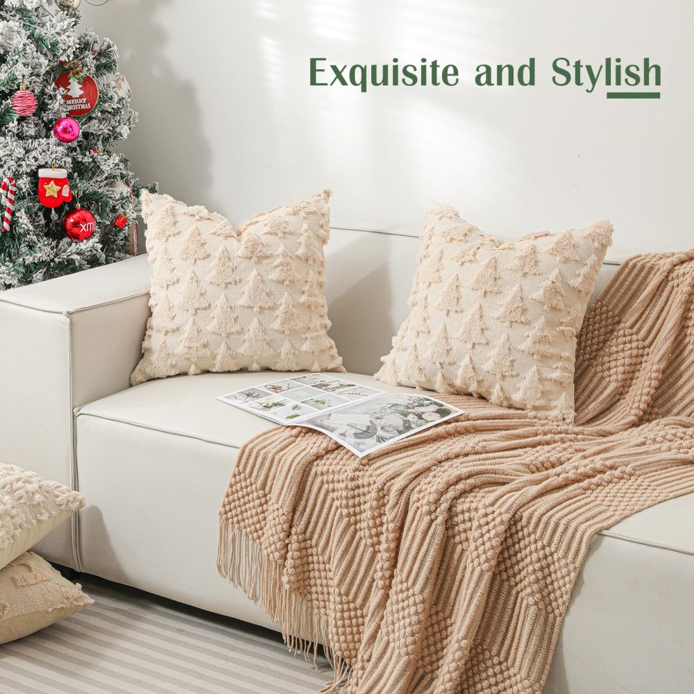 Lewondr Christmas Throw Pillow Cover 18x18, 2 Pack Super Soft Faux Fur Pillow Covers Velvet Christmas Tree Embroidery Decorative Throw Pillowcase for Living Room Bed Couch Sofa Car Home Decor, Oatmeal - Image 7