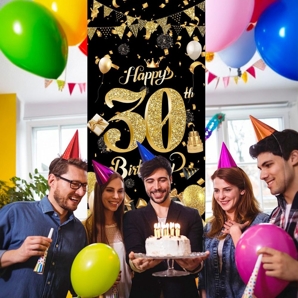 30th Birthday Door Banner,Black Gold 30th Birthday Decorations,Happy 30th Birthday Party Backdrop Banner,30th Birthday Door Hanging Banner for Women Men Birthday Party Photo Booth Supplies(90*185cm) - Image 3
