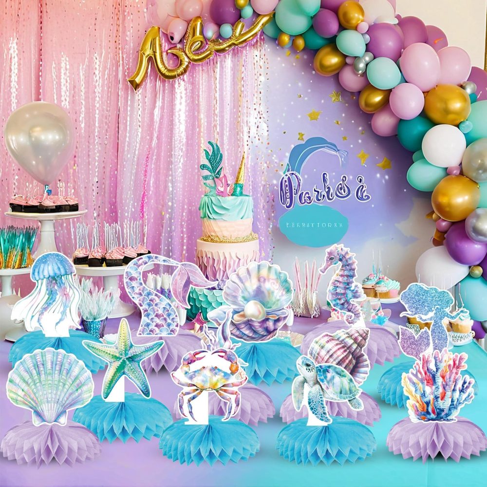 12Pcs Little Mermaid Party Decorations, Mermaid Birthday Honeycomb Decor Table Centerpieces Under the Sea Party Decorations, Ocean Themed Party Decors for Baby Shower Children Birthday Party Supplies - Image 3