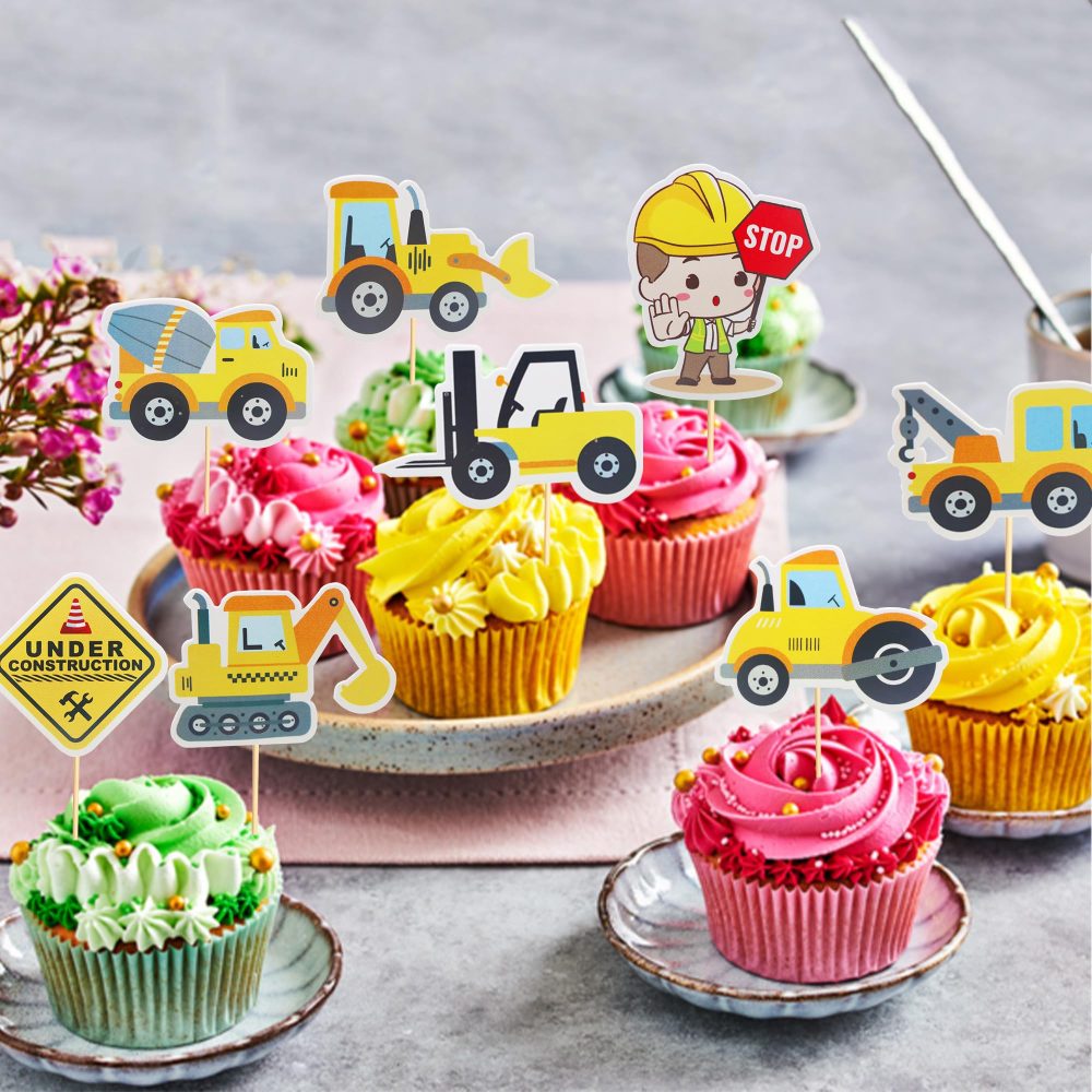 Arthsdite 24pcs Construction Cupcake Toppers Stop Sign Dump Truck Excavator Tractor Party Cake Food Picks Decorations for Construction Theme Baby Shower Kids Birthday Party Supplies - Image 3