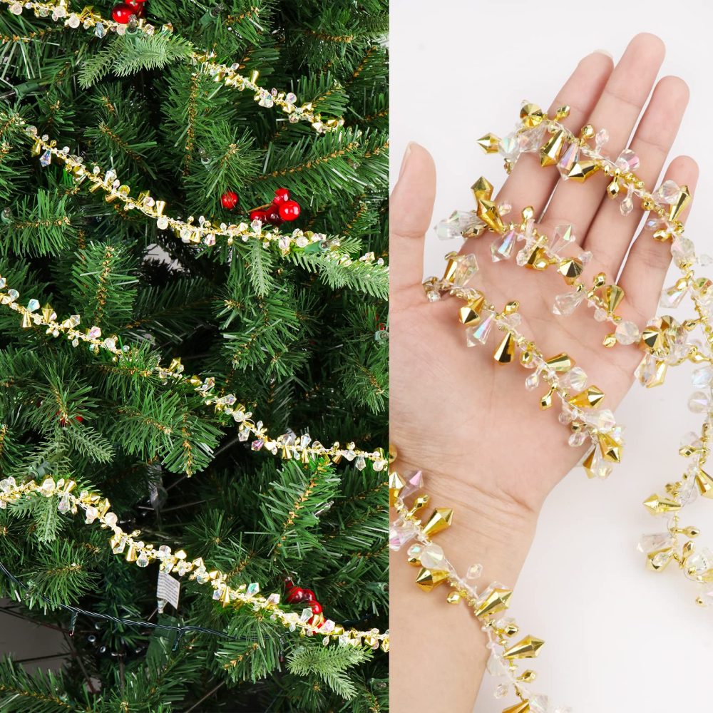 Fowecelt Christmas Tree Beads Garland - 20 Feet Clear Crystal Acrylic Iridescent, Gold Bead Garland for Christmas Tree, Twist Bead String Hanging Beads for Wedding Party Decoration - Image 8