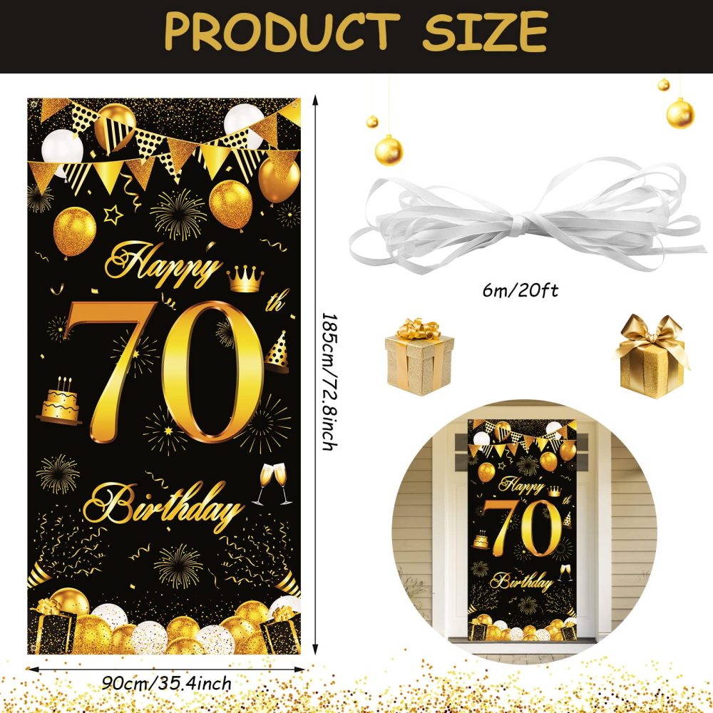 70th Birthday Decorations Banner, Black Gold Happy 70th Birthday Party Door Banner, 70th Birthday Photo Backdrop Photography Background for Men Women Birthday Party Door Wall Decoration 72.8×35.4 inch - Image 7