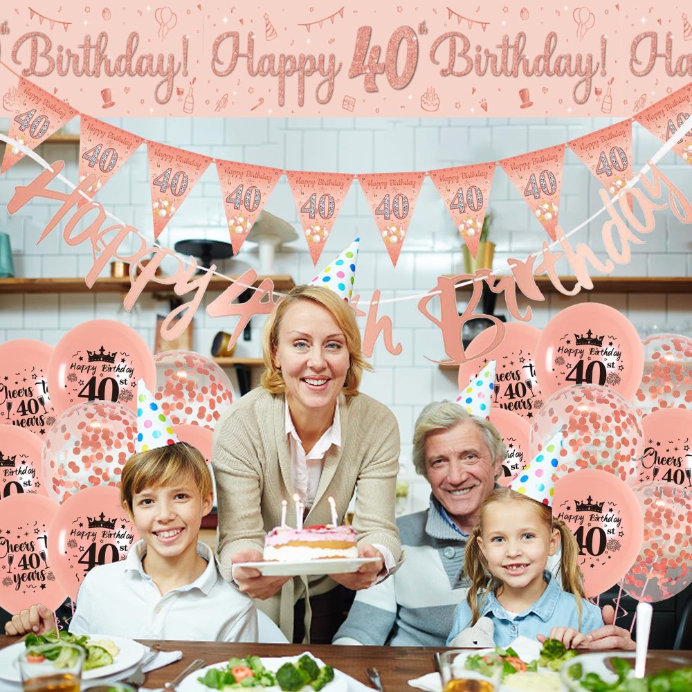 40th Birthday Decorations for Women - Happy 40th Birthday Banner Decor, 44PCS Rose Gold Latex Confetti Balloons Sash Triangle Flag Courtyards Banner Party Decoration Kit Supplies for Friends - Image 2