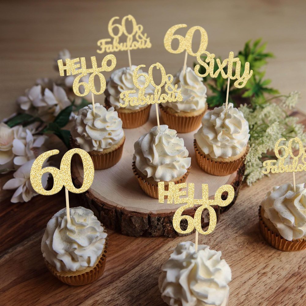 Gyufise 24Pcs Gold Glitter 60th Birthday Cupcake Toppers Hello 60 Sixty Cake Toppers 60 & Fabulous Cupcake Picks 60th Birthday Cake Decorations Supplies - Image 7