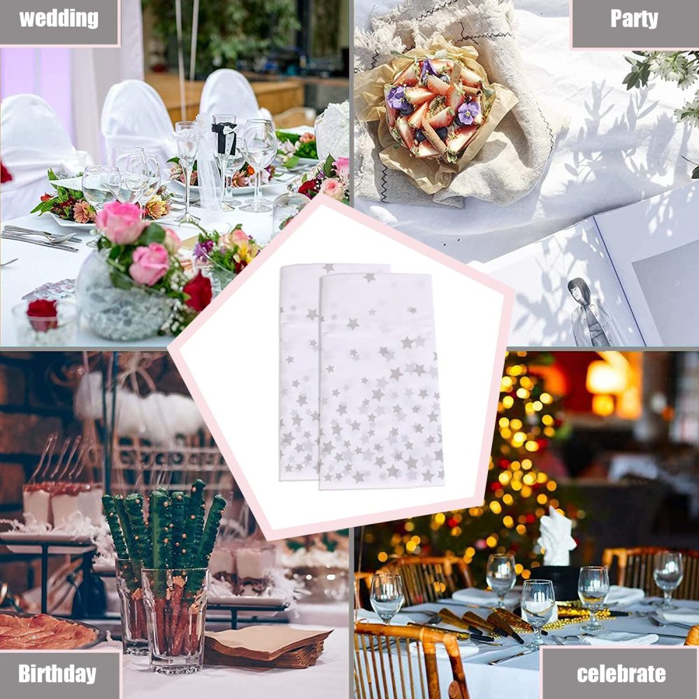 2Pcs 137*274cm White and Silver Disposable TableCloths Party Paper Plastic TableCloth,Silver Star Rectangular Waterproof Table Cover for Picnic,Baby Shower,Wedding,Christmas,Birthday Party Decor - Image 2