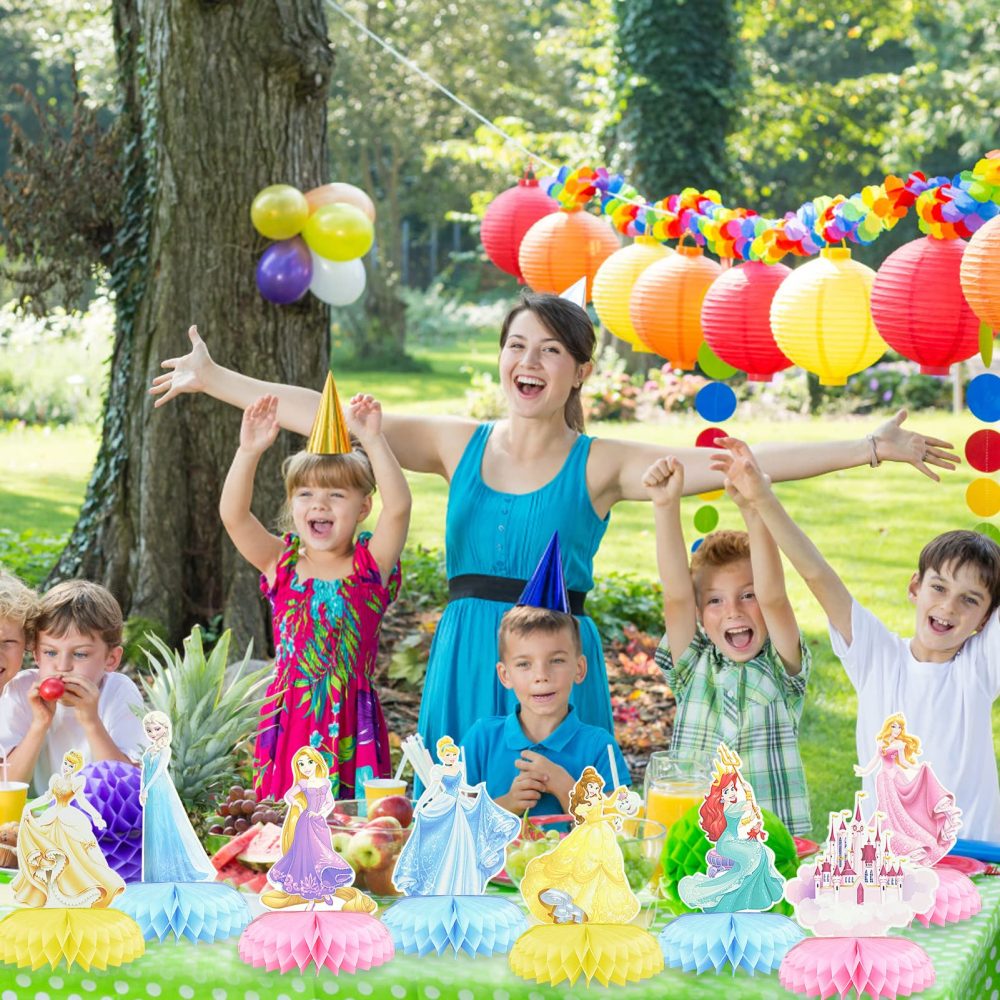 BLLREMIPSUR 9 Pieces Cute Princess Honeycomb Centerpiece, Princess Themed Birthday Party Decorations Kids Birthday Party Cake Dessert Party Supplies Photo Booth Props Party Table Decoration - Image 6