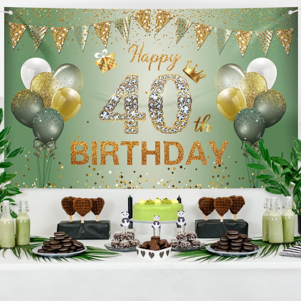 40th Birthday Decorations for Women Men, 40th Birthday Banner, 40th Birthday Backdrop Party Decorations, Sage Green Gold Happy 40th Birthday Banner Background for Birthday Anniversary Party Supplies - Image 3