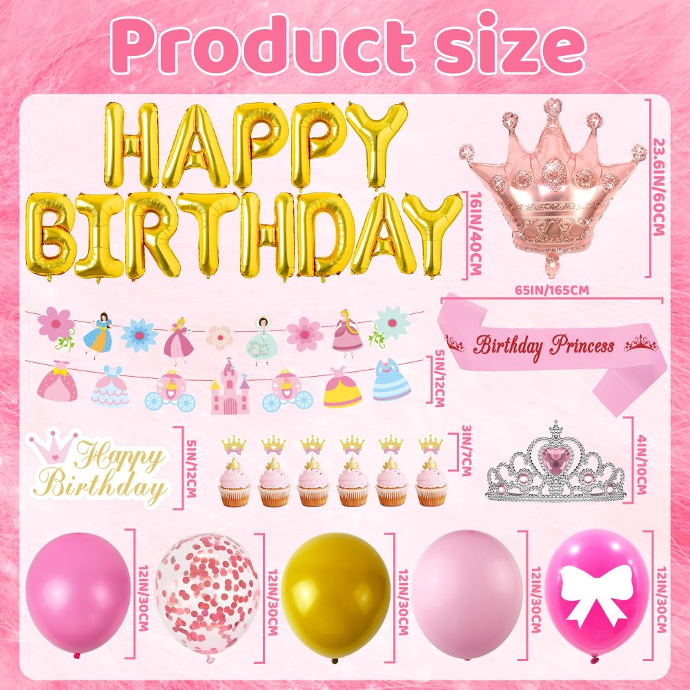 Princess Party Decorations - Princess Party Supplies Set Includes Banners Crown Balloons Latex Balloons Sash Crown Cake Topper Cupcake Toppers Suitable for Girls Birthday Decorations - Image 6
