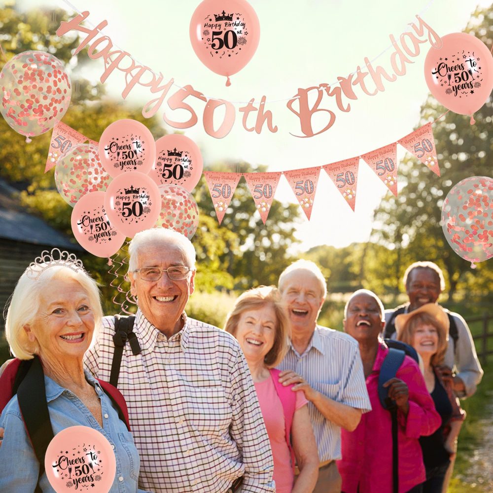 50th Birthday Decorations for Women - Rose Gold Happy 50th Birthday Banner Cake Topper Triangle Flag Sash Tiara Latex Confetti Balloons Party Decorations for Women Party Supplies - Image 2
