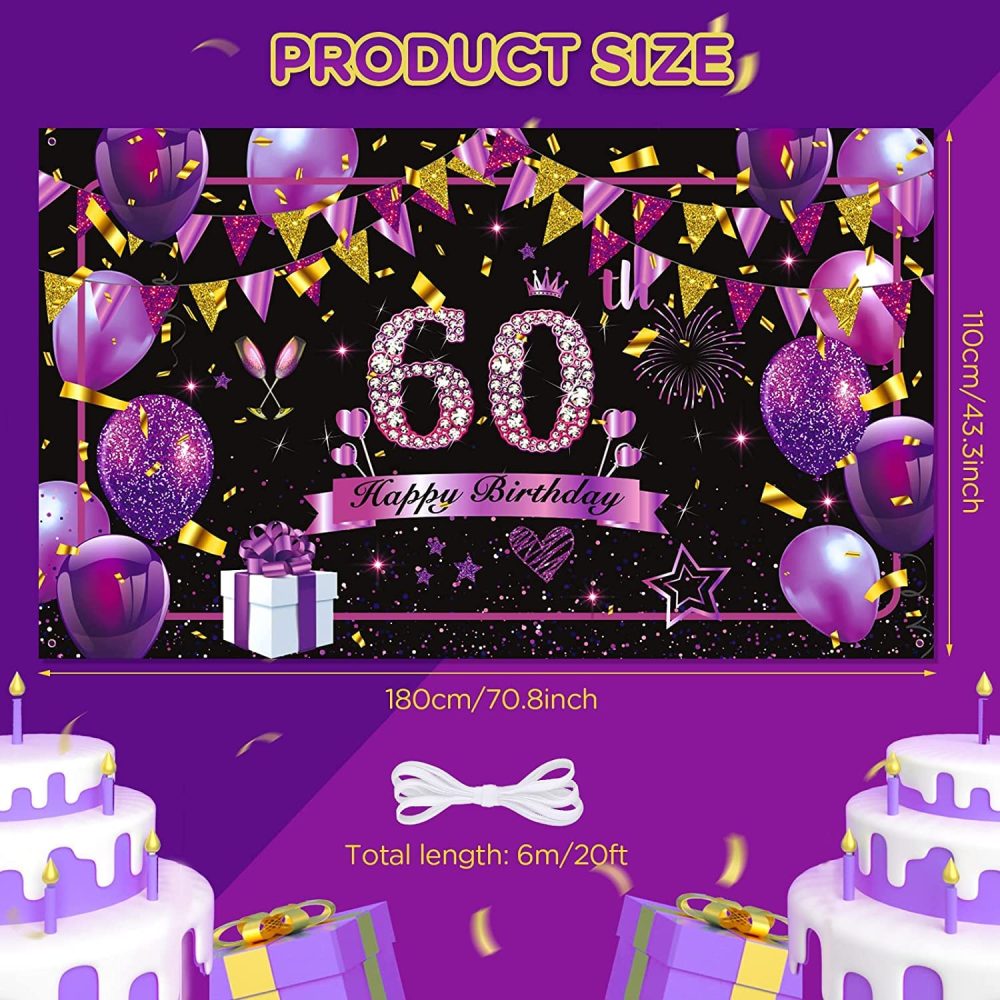 RUMIA Purple 60th Birthday Decor Banner Purple Black Gold Happy Birthday Sign Large Shiny Purple Black 60th Birthday Backdrop Background Photo Booth Women 60th Birthday Anniversary Party Supplies - Image 3