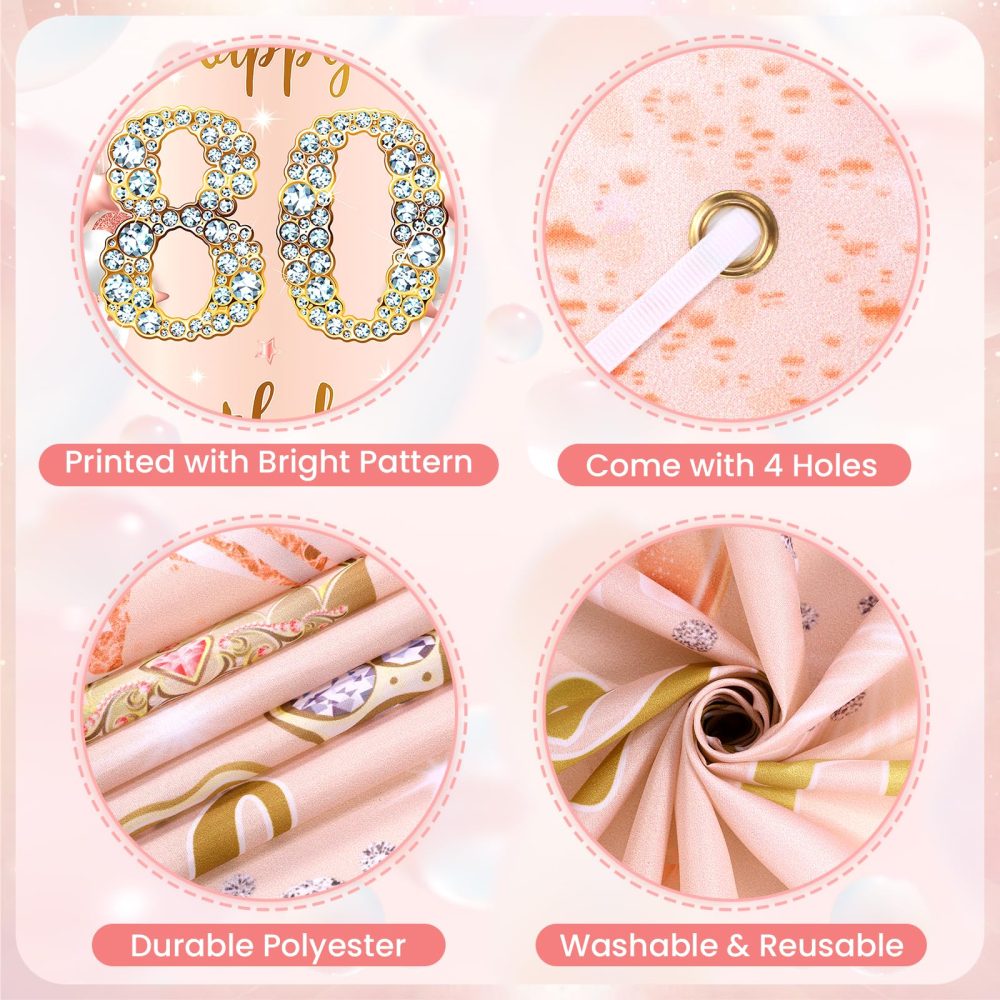 Rose Gold 80th Birthday Decorations Banner for Women, Happy 80th Birthday Door Banner with 18pcs 80th Balloons for Women 80th Birthday Anniversary Party Backdrop Decor Supplies Sign Porch Background - Image 3